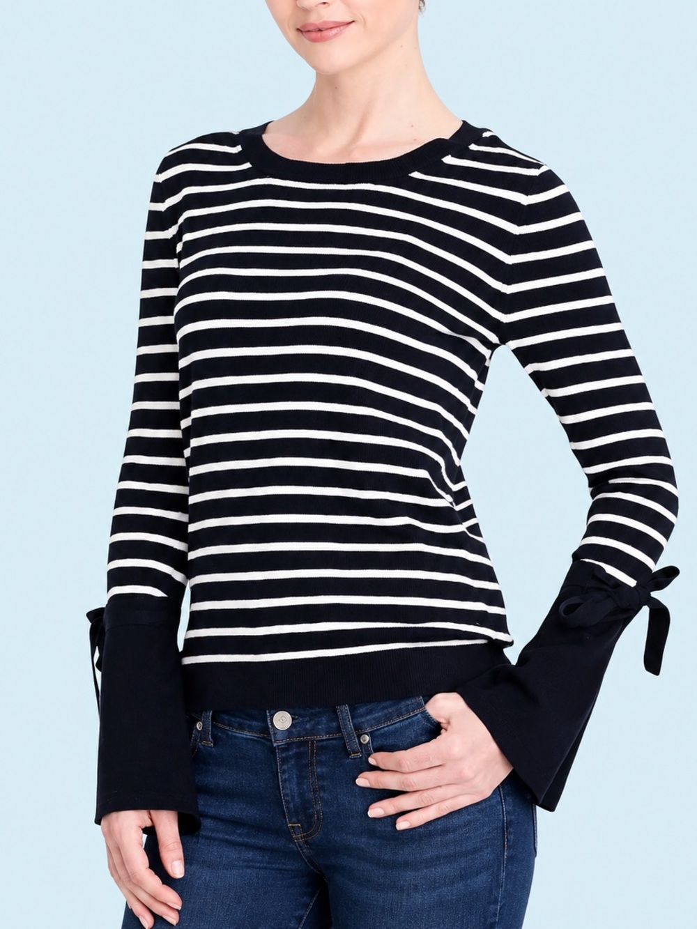 J. Crew Navy and White Striped Long-Sleeve Tie-Cuff Top